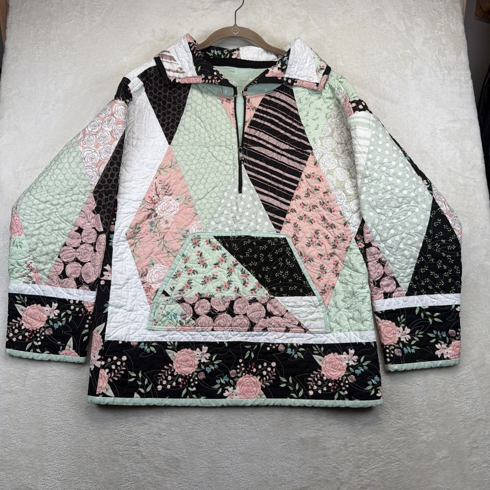 Handmade Quilt Jacket Womens L Patchwork Half Zip Pullover Anorak Floral Boho